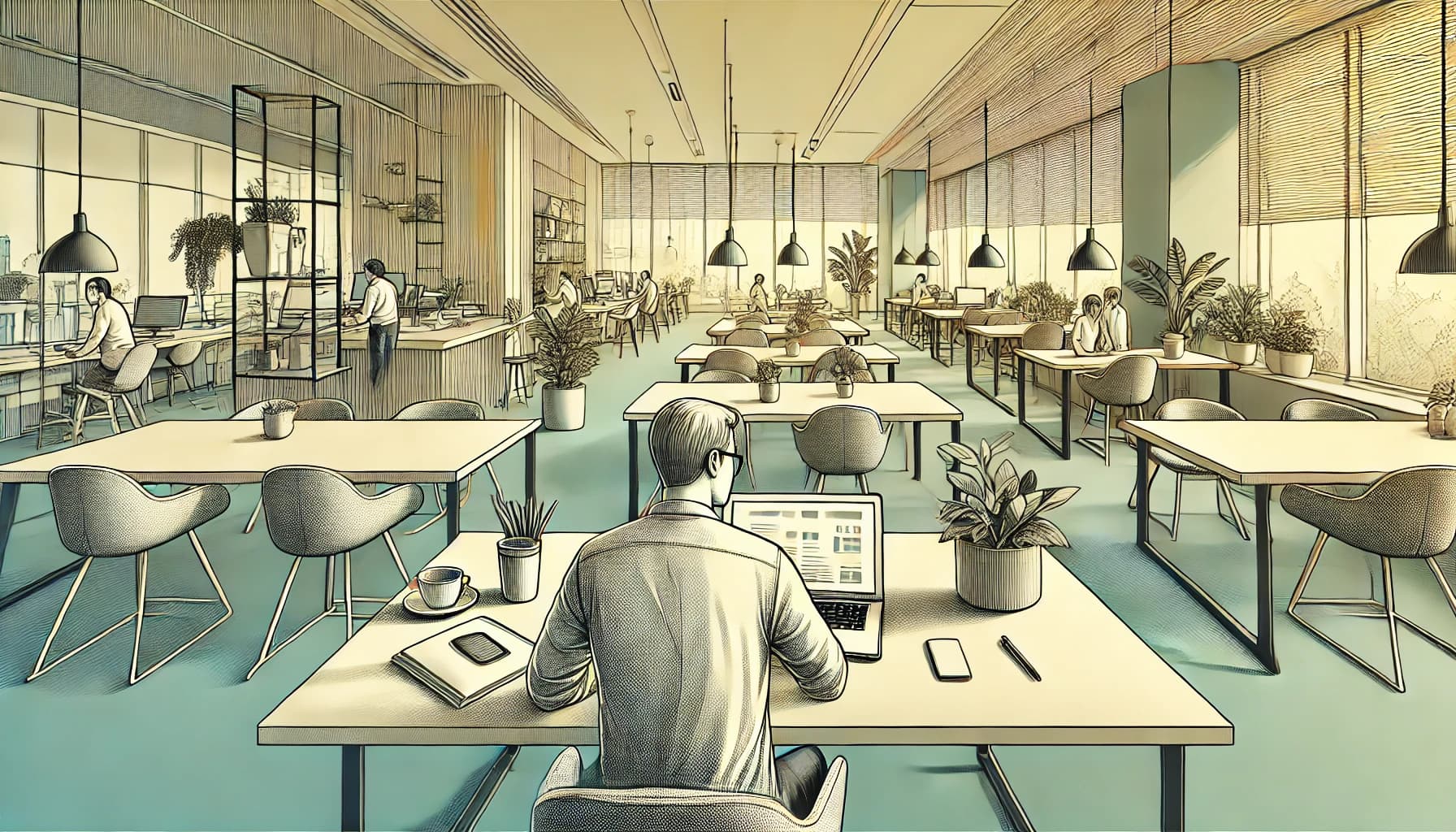 A person working at a modern desk in a coworking space with a laptop and coffee