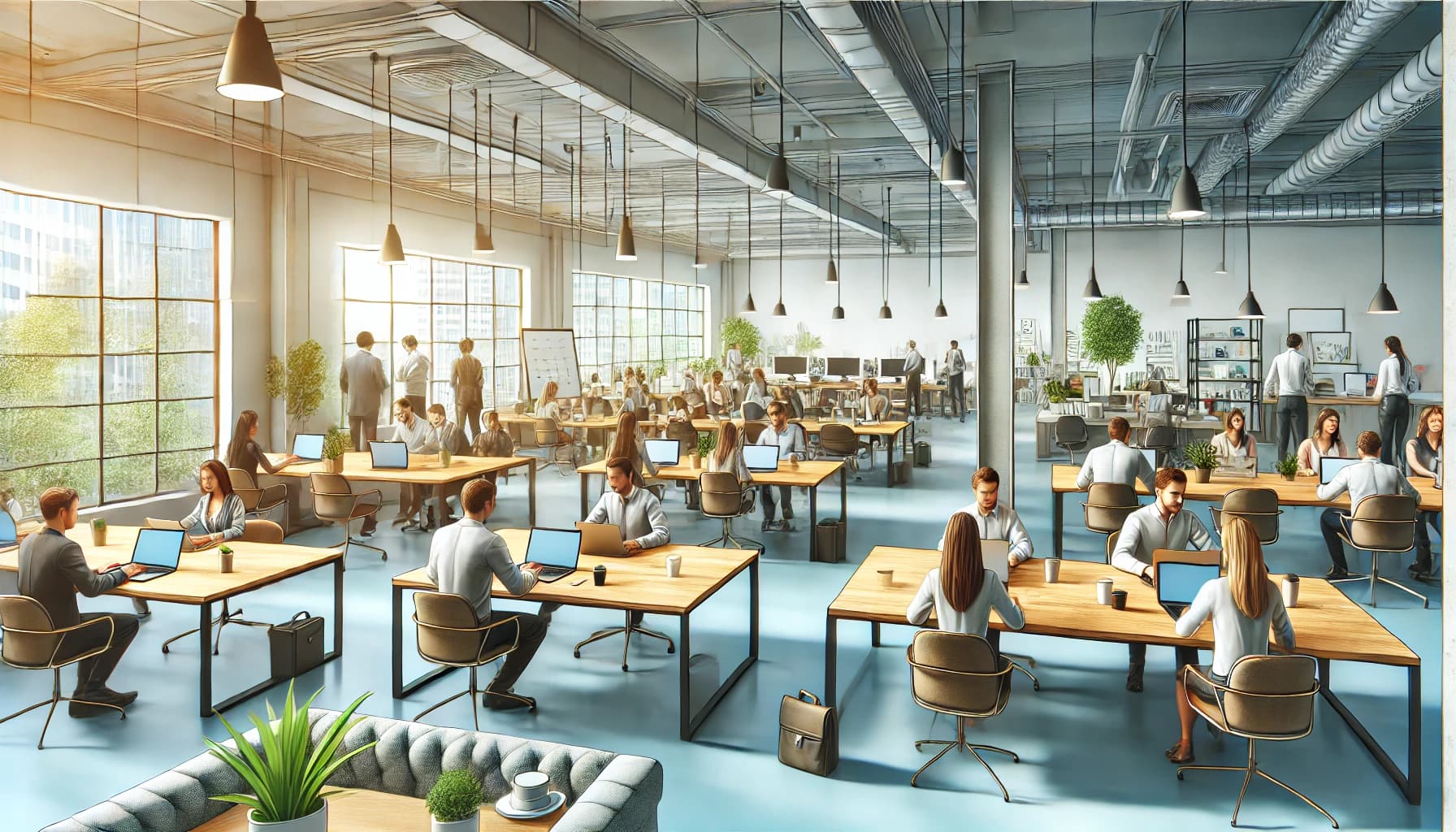 A modern coworking space with multiple open workstations
