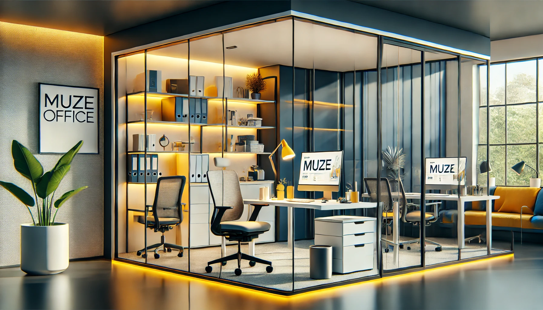 A wide illustration of a modern private office space using Muze Office's color scheme, featuring deep blue, white, gray, and yellow accents.