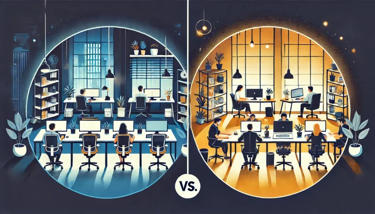 A split-screen illustration comparing two work environments: a private office on one side with a single desk, computer, ergonomic chair, and personalized decor in deep blue, white, and gray tones, emphasizing privacy and control; and a coworking space on the other side with shared desks, multiple professionals working together, and warm yellow lighting, highlighting collaboration and community. The contrasting colors and elements clearly differentiate the two options, reflecting a comparison between a private office and a coworking space.