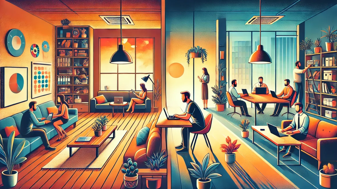 Wide illustration representing the transition from remote work to hybrid work.