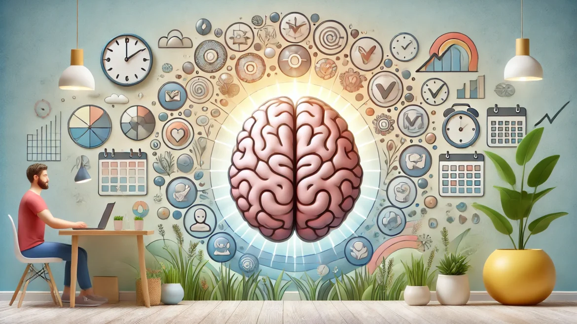 Visual representation of the mental health benefits of a flexible work schedule. The image features a brain at the center symbolizing mental health.